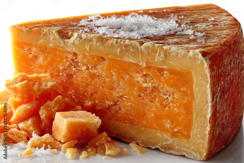 Poster cheddar cheese block with grated pieces displayed on a clean surface in bright lighting