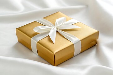 Elegant Gold Gift Box with White Ribbon on White Fabric