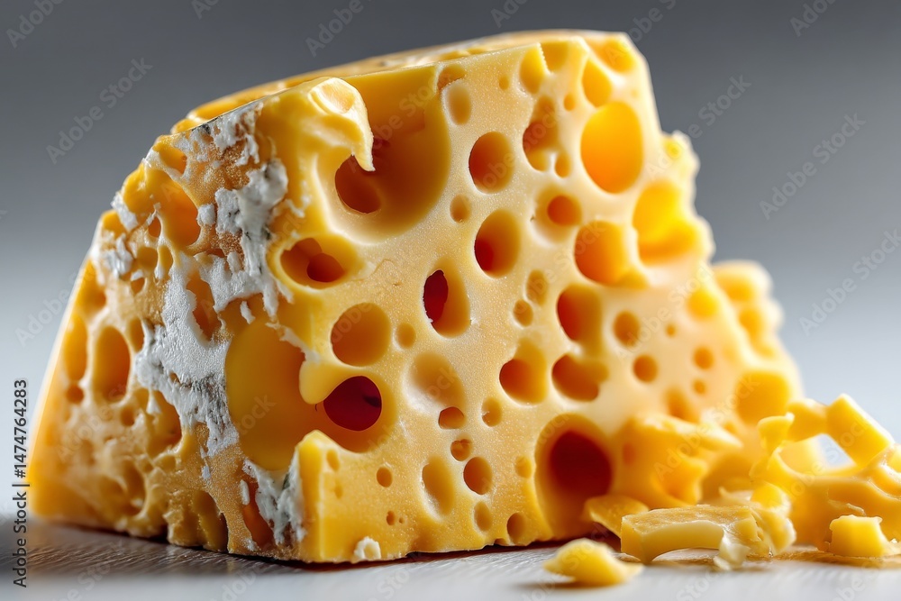 Aufkleber Cheddar cheese block showcasing unique texture with holes and rich color on a white background