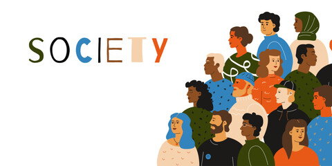 A multiethnic crowd of stylized people. A symbol of unity, diversity, individuality in a crowd and partnership.