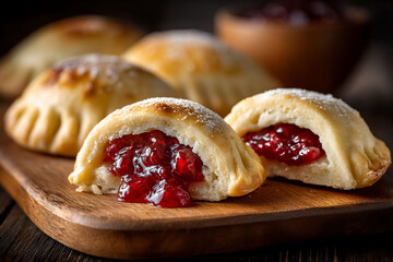 Sweet pastries stuffed with red cherry filling, served on a wood board