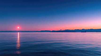 Minimalist Ocean Sunset with Pink-Orange Gradient & Distant Ship: Tranquil Seascape Render for Relaxation Therapy, Travel Campaigns, or Abstract Art Concepts.