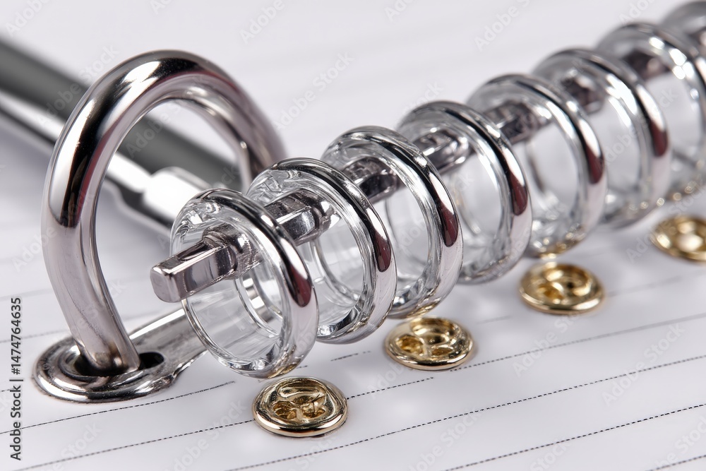 Poster close-up view of a metal binder ring with shiny fasteners on lined paper in a well-lit workspace