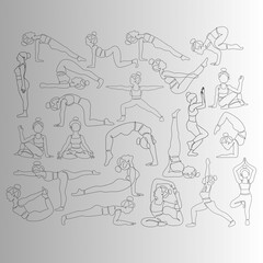 Silhouette of a woman meditating yoga post and grey background