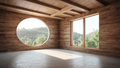 Fototapeta premium Serene Wooden Room with Panoramic Forest View