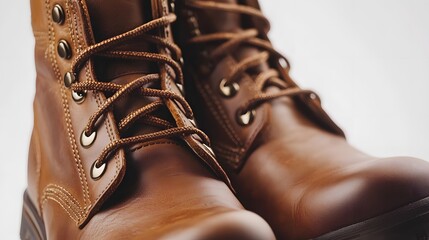 Close-Up of Stylish Brown Leather Hiking Boots with Laces