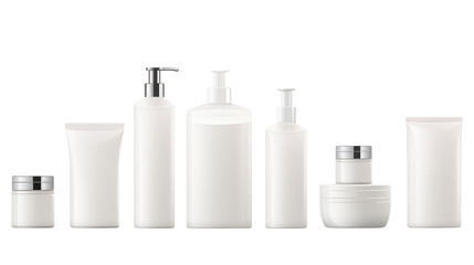 Assortment of white cosmetic bottles and jars displayed on a black surface