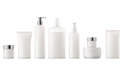 Assortment of white cosmetic bottles and jars displayed on a black surface