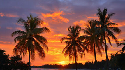 Obraz premium Tropical beach at sunset with palm trees and orange and purple sky reflected on water