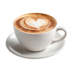 Fototapeta premium Close-up of a steaming cup of cappuccino with a heart-shaped latte art design. The beverage is presented in a simple, white ceramic cup and saucer.