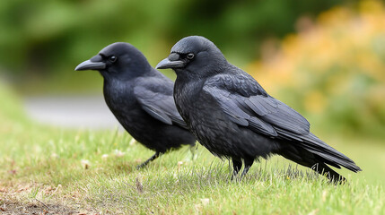 Obraz premium Two crows stand side by side on green grass with a blurred green background