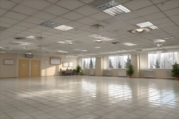Open and bright indoor space with large windows and modern lighting in a multipurpose room