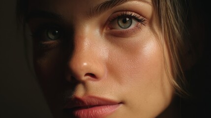 portrait for beauty clinic, cinematic side lighting, face without make-up, natural skin