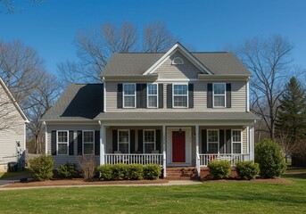 Fototapeta premium A two story house with gray siding black shutters and a red door on a sunny day in a suburban neighborhood