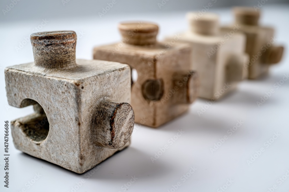 Poster Wooden blocks arranged in a row on a white surface during a daylight setting