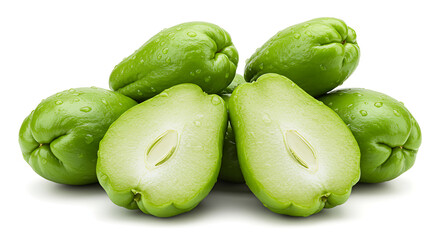 Group of chayote (chuchu) with fresh green color and light condensation, studio-style white background