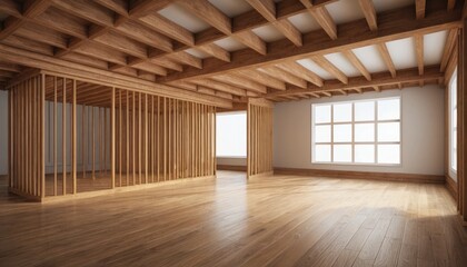 Fototapeta premium Modern Wooden Room Interior Design: Minimalist Empty Space with Exposed Beams and Wooden Lattice Walls
