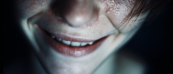 A close-up of a smiling face, with beads of sweat, captures a moment of intense emotion and warmth, framed in a soft focus.