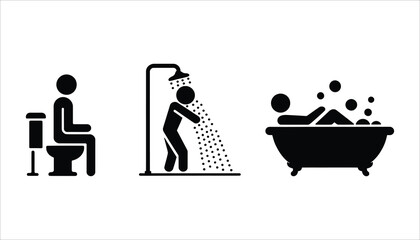 Bathroom Icons Toilet, Shower, and Bathing Silhouettes for Hygiene and Health