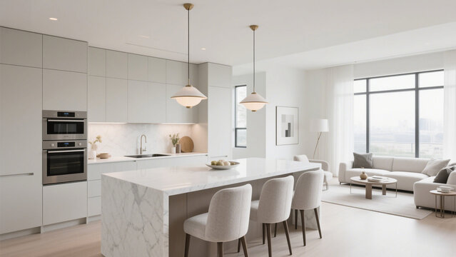 Elegant open concept kitchen and living space with a white marble island and contemporary design. Ideal for modern home interiors and stylish living spaces.

