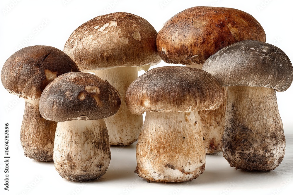 Poster mushrooms in various shades of brown with distinct caps and stems arranged together on a neutral bac