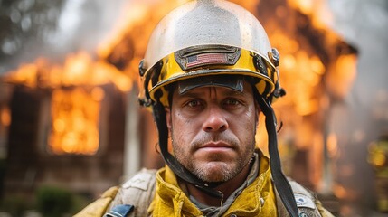Portrait of a firefighter standing in front of a house fire