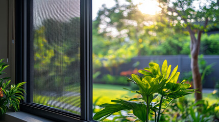 Protective wire mesh mosquito screen mounted on a residential window.