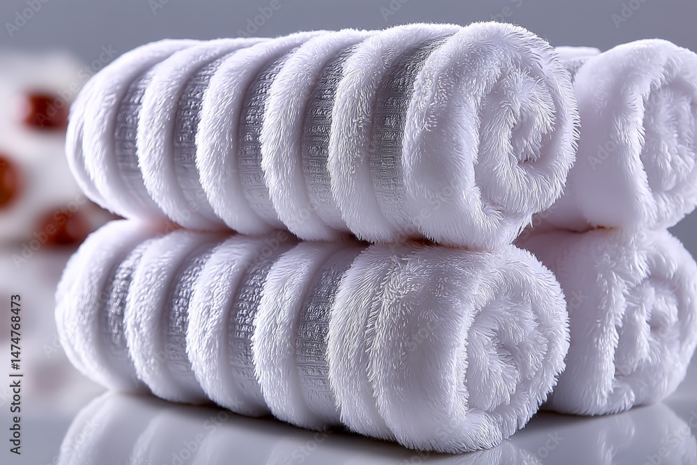 Aufkleber Soft white rolled towels stacked neatly on a reflective surface in a spa setting