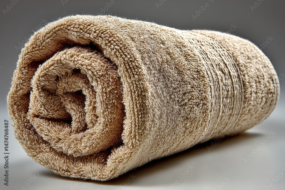 Poster soft beige towel rolled up neatly on a light surface promoting relaxation and comfort