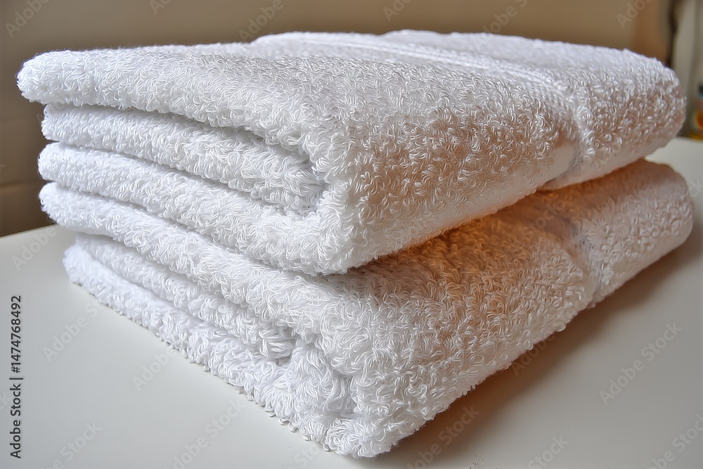 Poster freshly folded white towels stacked neatly on a clean surface in a bright bathroom setting