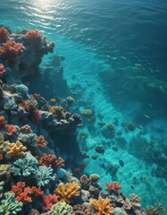 Obraz premium Sunlit turquoise ocean surface reveals vibrant coral reef below, stock, reef