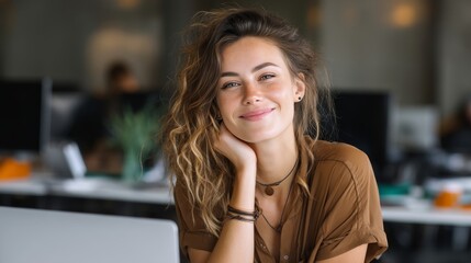 portrait of young beautiful woman smiling while working with laptop in office