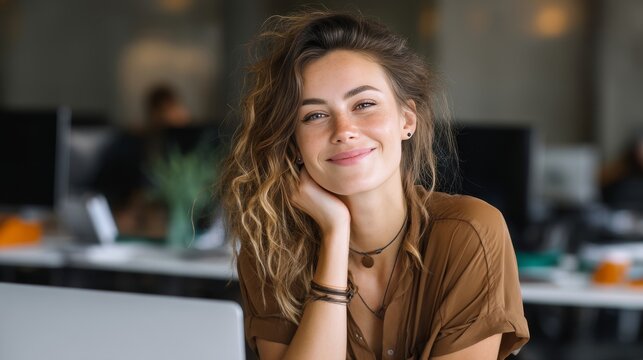 portrait of young beautiful woman smiling while working with laptop in office
