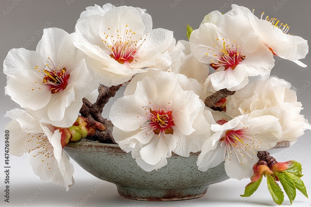 Poster Blossoming white flowers in a rustic bowl create a serene and natural centerpiece in a soft light setting