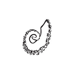 An octopus tentacle hand drawn in black and white. Seafood.