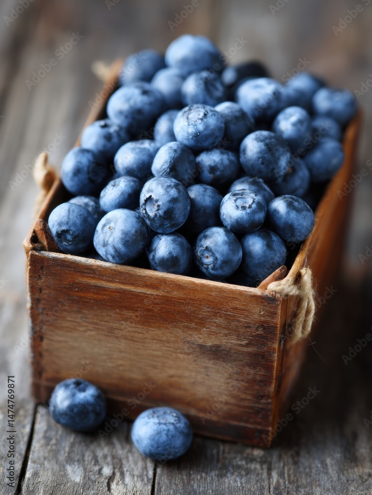 Fototapete Fresh Blueberries in a Wooden Box Placed on a Rustic Surface With a Soft Blurred Right Side Background Showcasing a Natural Setting