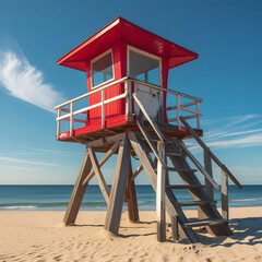 A vibrant bold red lifeguard tower stands