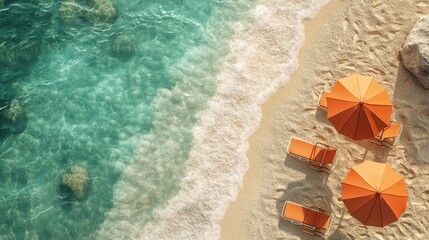 Premium Beach Banner Mockup: Detailed Summer Vacation Scene with Sun Loungers and Umbrellas on Golden Sand, High-Resolution Isolated Background for Travel Advertising, Hotel Promotions, and E-commerce