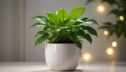 Obraz premium A vibrant green houseplant in a modern white pot brightens a minimalist space with natural beauty.