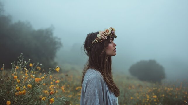 pretty woman wearing flower crown walking in flower blossom in the mist dreamy atmosphere, with copy space