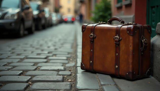 A well-worn vintage suitcase sits on a cobblestone street, ready for adventure , italy, transportation, antique