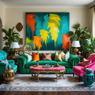 A vibrant living room overflowing with ecl
