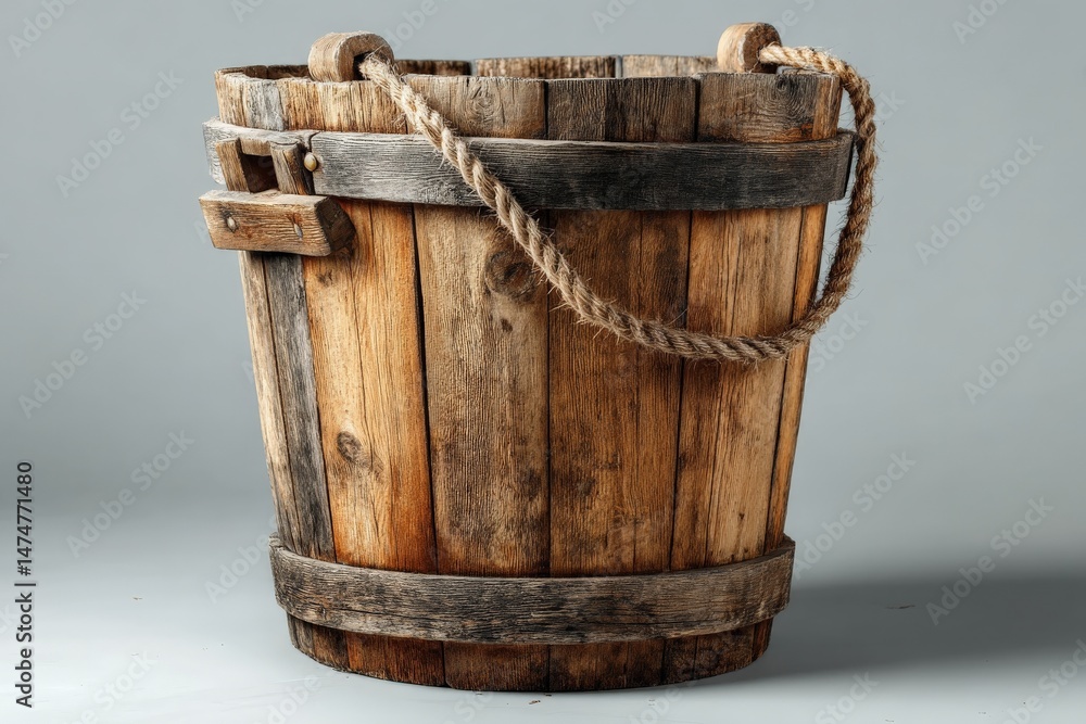 Poster Rustic wooden bucket with rope handle displayed on a plain background showcasing craftsmanship and texture