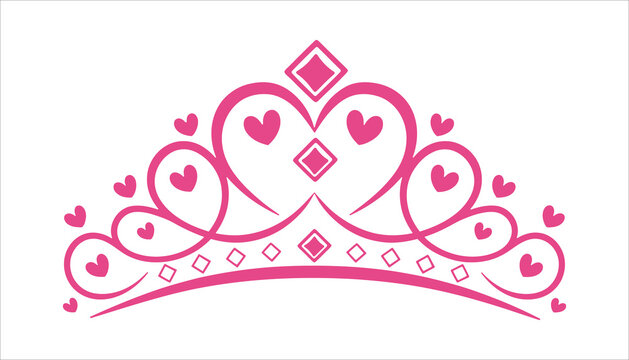 Pink Princess Crown Vector with Hearts and Diamonds Isolated on White Background