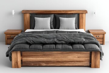 Modern wooden bed with grey bedding and matching nightstands in minimalistic bedroom interior design