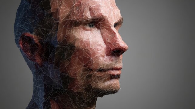 3d man head polygonal skin. Abstract lines, triangles and particle style design