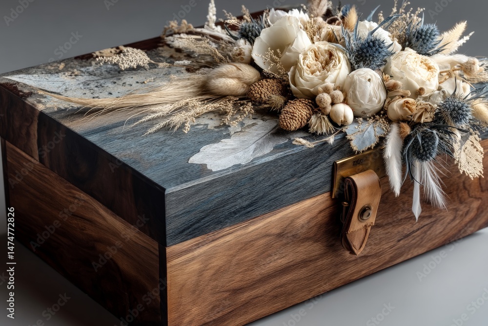 Poster elegant wooden box adorned with dried flowers and unique design elements displayed on a neutral back