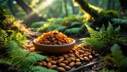 Fototapeta premium Almonds and Saffron Strands in a Bowl within a Sunny Forest