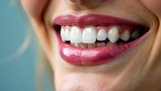 Close-up of gleaming, healthy teeth after cosmetic dental procedure , dental floss, pearly white