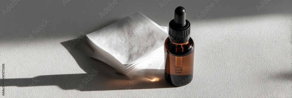 Poster dropper bottle with sterile pads on white tabletop with soft shadows at midday
